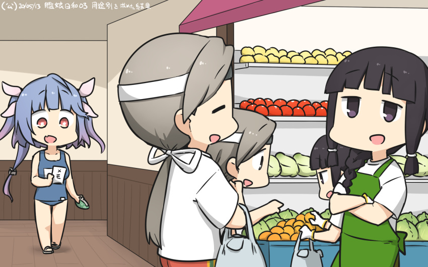 5girls alternate_costume apron bag bangs black_eyes black_hair blue_hair blunt_bangs braid breasts cabbage chitose_(kantai_collection) closed_eyes commentary_request dated fang food gloves gradient_hair green_apron grey_hair hair_ribbon hallway hamu_koutarou highres i-19_(kantai_collection) indoors kantai_collection kitakami_(kantai_collection) large_breasts long_hair multicolored_hair multiple_girls name_tag plastic_bag ponytail red_eyes ribbon school_swimsuit shirt shop sidelocks skin_fang smile star star-shaped_pupils swimsuit symbol-shaped_pupils t-shirt tomato translation_request tress_ribbon tri_tails twintails vegetable white_gloves white_shirt