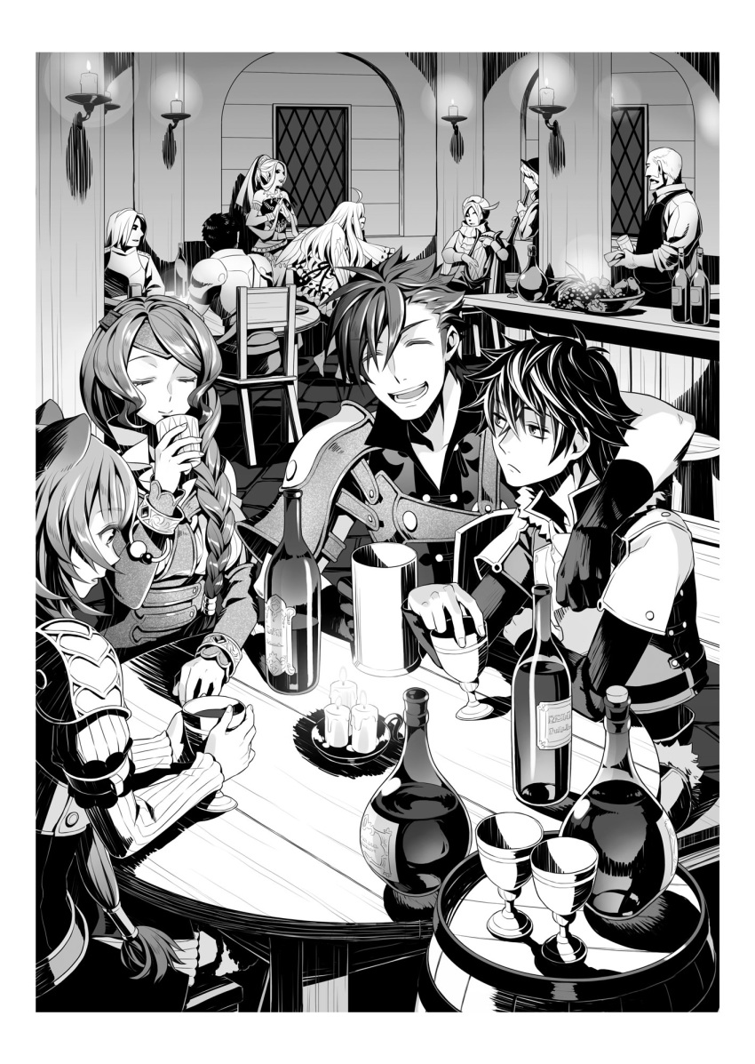 angel_wings animal_ears arm_around_neck bangs barrel bottle closed_eyes feathered_wings firo_(tate_no_yuusha_no_nariagari) glass gloves greyscale hair_between_eyes highres indoors iwatani_naofumi l'arc_berg_sickle minami_seira monochrome multiple_boys multiple_girls novel_illustration official_art raccoon_ears raccoon_girl raphtalia shiny shiny_hair sitting spiked_hair swept_bangs table tate_no_yuusha_no_nariagari tavern therese_alexanderite wings