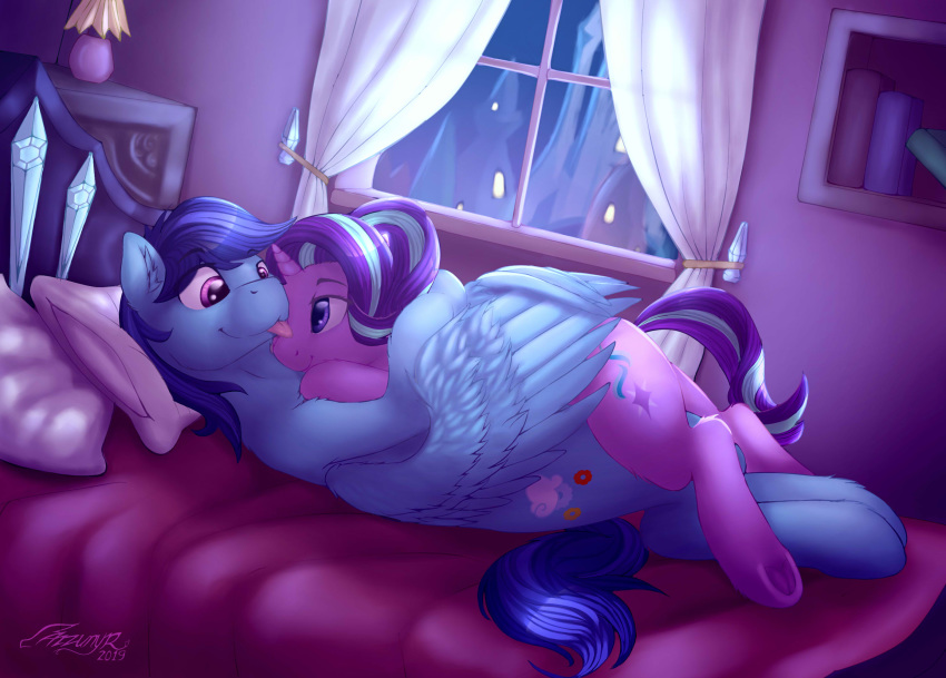 2019 azzunyr bed cutie_mark detailed_background dup equid equine eyebrows fan_character female feral friendship_is_magic furniture hi_res hooves horn inside mammal my_little_pony on_bed pegasus smile starlight_glimmer_(mlp) tongue tongue_out underhoof unicorn window wings