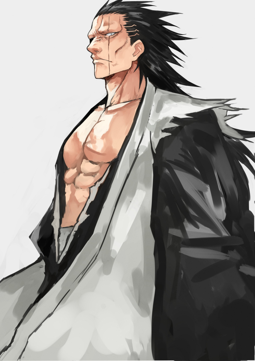 1boy abs absurdres black_hair bleach expressionless eyepatch hair_slicked_back haori highres japanese_clothes kimono looking_at_viewer muscle open_clothes open_kimono scar scar_across_eye simple_background taichou_haori yoshio_(55level) zaraki_kenpachi