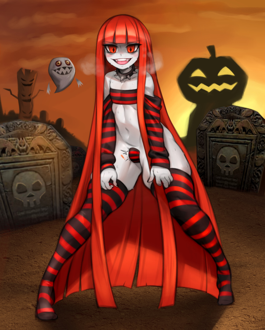 1girl absurdly_long_hair akakomuma bangs black_legwear black_nails blunt_bangs borrowed_character bulge collar collarbone commentary commission commissioner_upload detached_sleeves drooling english_commentary fangs flat_chest full_body ghost graveyard grey_skin heavy_breathing highres kelvin_hiu long_hair navel no_pants original red_eyes red_legwear solo_focus spiked_collar spikes standing straight_hair strapless striped striped_legwear symbol-shaped_pupils thick_thighs thighs tombstone tubetop two-tone_legwear very_long_hair wide_hips