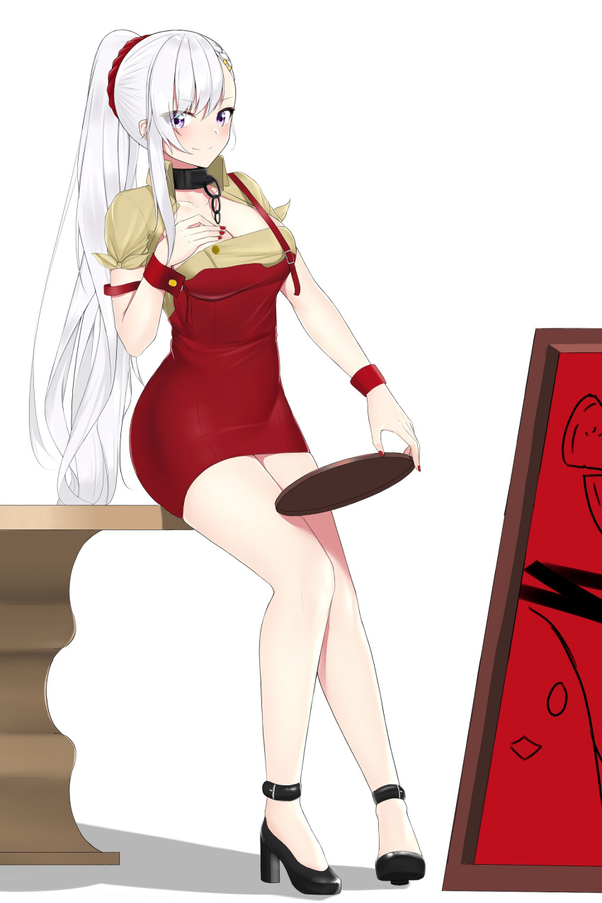 1girl azur_lane bare_legs belfast_(azur_lane) black_footwear blush bow breasts cleavage collarbone dress hair_bow hair_ornament high_heels highres long_hair looking_at_viewer manicure medium_breasts pizza_hut ponytail purple_eyes red_dress shoes short_dress silver_hair smile solo waitress white_background white_hair zerotwenty_(020)