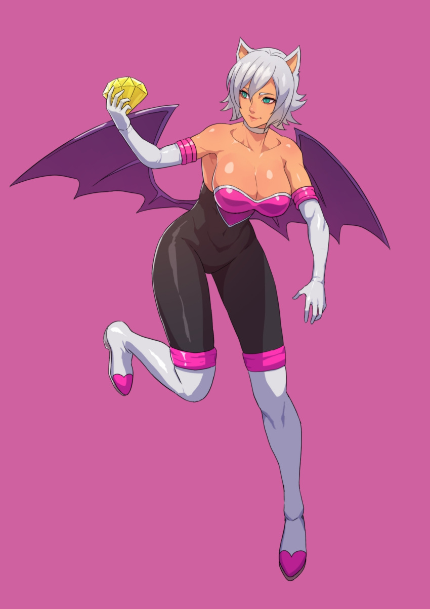 1girl animal_ears bare_shoulders bat_ears bat_wings boots breasts chaos_emerald cirenk cleavage closed_mouth collarbone dark_skin elbow_gloves eyebrows full_body gloves green_eyes hair_between_eyes highres humanization knee_boots large_breasts leotard looking_away pink_background rouge_the_bat short_hair simple_background solo sonic_the_hedgehog white_gloves white_hair white_legwear wings