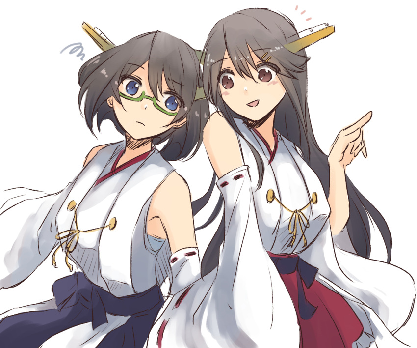 2girls back-to-back black_hair black_skirt blue_eyes brown_eyes c detached_sleeves glasses green-framed_eyewear hairband haruna_(kantai_collection) headgear japanese_clothes kantai_collection kirishima_(kantai_collection) multiple_girls red_skirt ribbon-trimmed_sleeves ribbon_trim short_hair simple_background skirt white_background