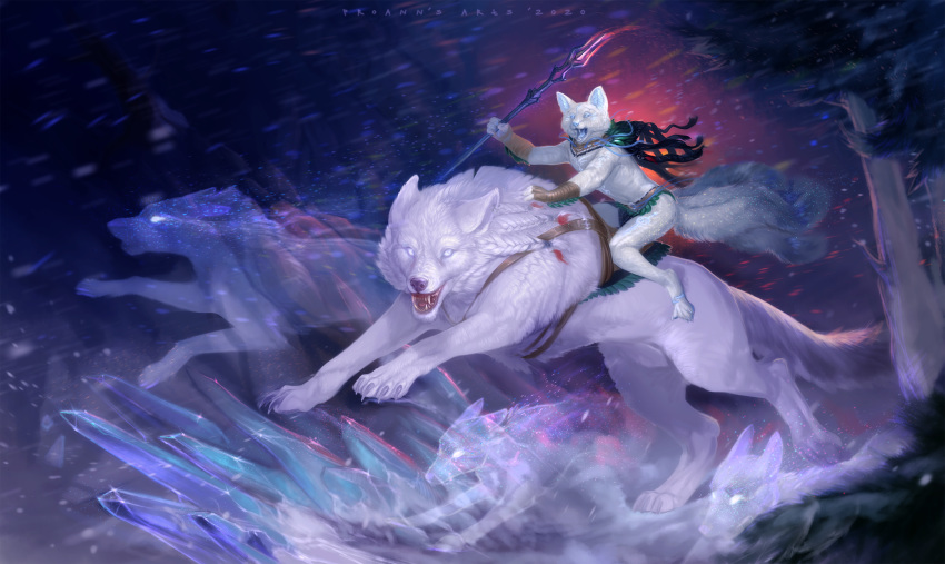 absurd_res ambiguous_gender anthro blizzard_(weather) canid canine canis cape clothing etis feral fox fur group hi_res ice looking_at_viewer lynxcatgirl mammal multi_tail proann riding running saddle semi-anthro snow spirit staff translucent white_body white_fur winter wolf