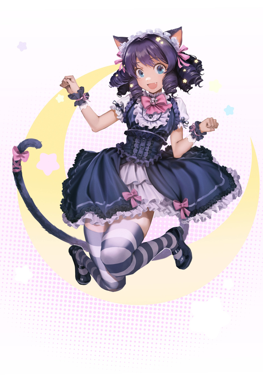 1girl absurdres animal_ears bell black_dress black_footwear black_hair blue_eyes bow cat_ears cat_girl cat_tail cyan_(show_by_rock!!) dress fang frilled_dress frilled_sleeves frills full_body gothic_lolita hair_ribbon highres lolita_fashion maid_headdress nshi00 paw_pose ribbon ringlets show_by_rock!! smile solo striped striped_legwear tail thighhighs
