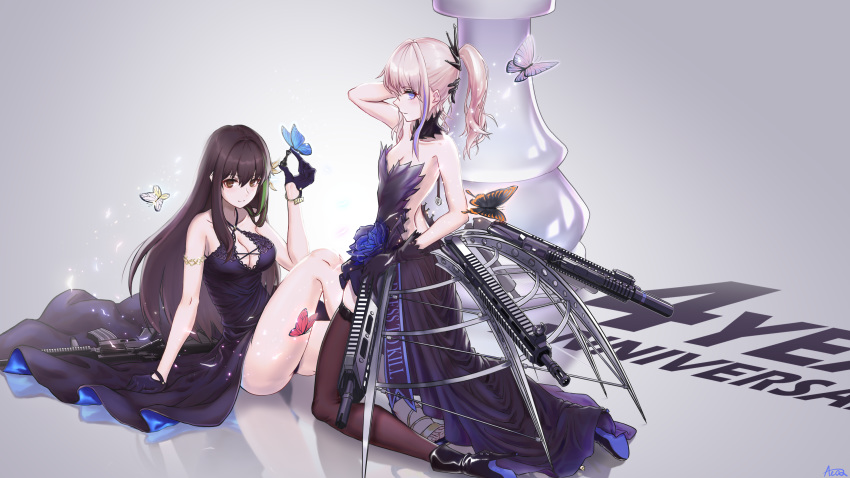 absurdres alternate_costume anniversary ar-15 black_dress breasts brown_hair bug butterfly chinese_commentary cleavage commentary_request dress fagun_yibei girls_frontline gun highres insect m4a1_(girls_frontline) medium_breasts pink_hair purple_dress rifle small_breasts st_ar-15_(girls_frontline) strapless weapon