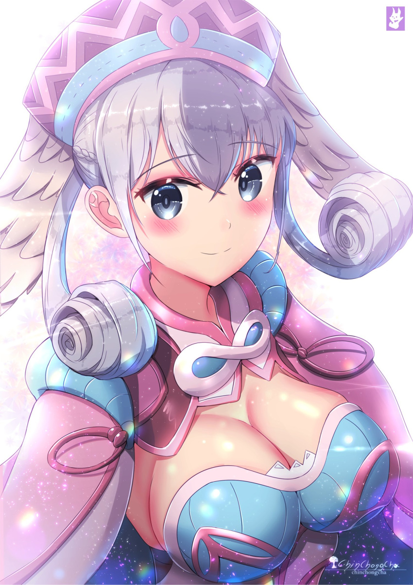 1girl blush breasts cape chinchongcha cleavage eyebrows_visible_through_hair hat head_wings highres large_breasts looking_at_viewer melia signature silver_hair smile solo upper_body white_background xenoblade_(series) xenoblade_1