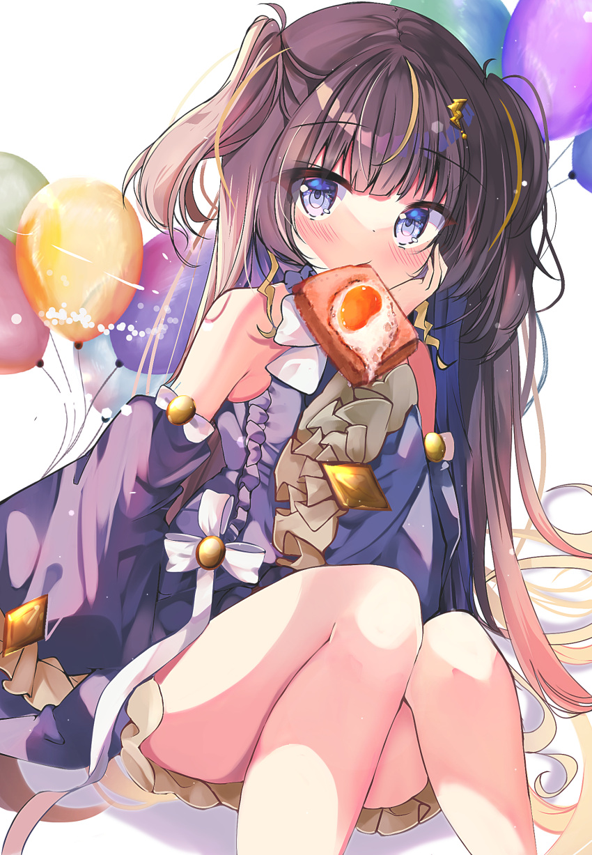 1girl anya_melfissa anya_melfissa_(1st_costume) balloon black_dress blonde_hair blush bread bread_slice brown_hair detached_sleeves dress dutch_angle egg_(food) food food_in_mouth frilled_dress frills fujiwarahatsune gradient_hair highres hololive hololive_indonesia kris_hair_ornament long_hair looking_to_the_side mouth_hold multicolored_hair solo streaked_hair toast toast_in_mouth very_long_hair white_background