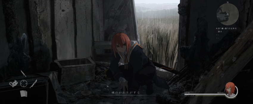 1girl absurdres asteroid_ill black_pants fake_screenshot heads-up_display health_bar highres long_hair long_sleeves minimap optic_nerve_(asteroid_ill) original pants red_hair solo squatting translation_request yellow_eyes