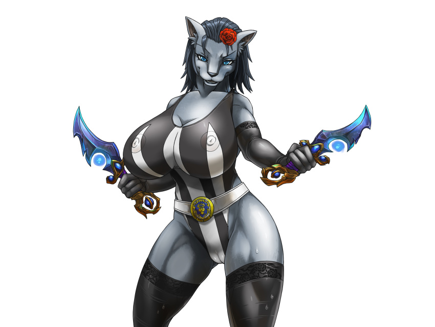 2016 4:3 absurd_res accessory alpha_channel anthro armwear belt big_breasts black_clothing black_elbow_gloves black_hair black_legwear black_lips black_nose black_stockings black_swimwear blizzard_entertainment blue_eyes breasts bustycat camel_toe canid cleavage clothed clothing creative_commons dagger digital_media_(artwork) digital_painting_(artwork) elbow_gloves erect_nipples eyebrows eyelashes female flower flower_in_hair fur gloves glowing glowing_eyes glowing_weapon grey_body grey_fur hair hair_accessory handwear hi_res legwear link2004 lips looking_at_viewer mammal melee_weapon monotone_body monotone_fur multicolored_clothing multicolored_swimwear nipple_outline nipples one-piece_swimsuit open_mouth plant simple_background solo standing stockings swimwear transparent_background two_tone_clothing two_tone_swimwear video_games warcraft weapon were werecanid wet white_clothing white_swimwear worgen