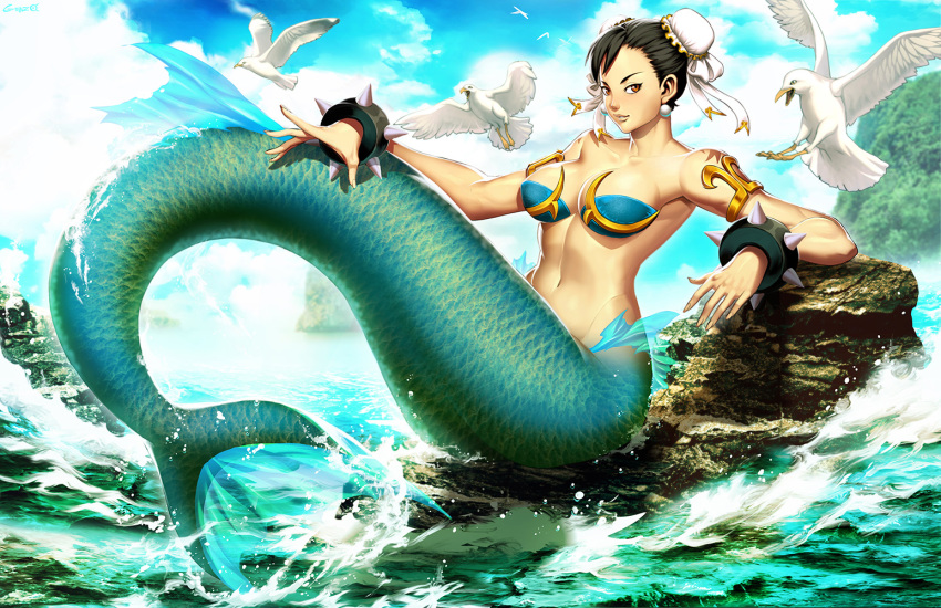 1girl abs bird black_hair blue_sky bracelet breasts brown_eyes bun_cover capcom chun-li cleavage cloud cloudy_sky full_body genzoman jewelry looking_at_viewer mermaid monster_girl monsterification navel ocean pearl_earrings rock seagull sky spiked_bracelet spikes street_fighter water