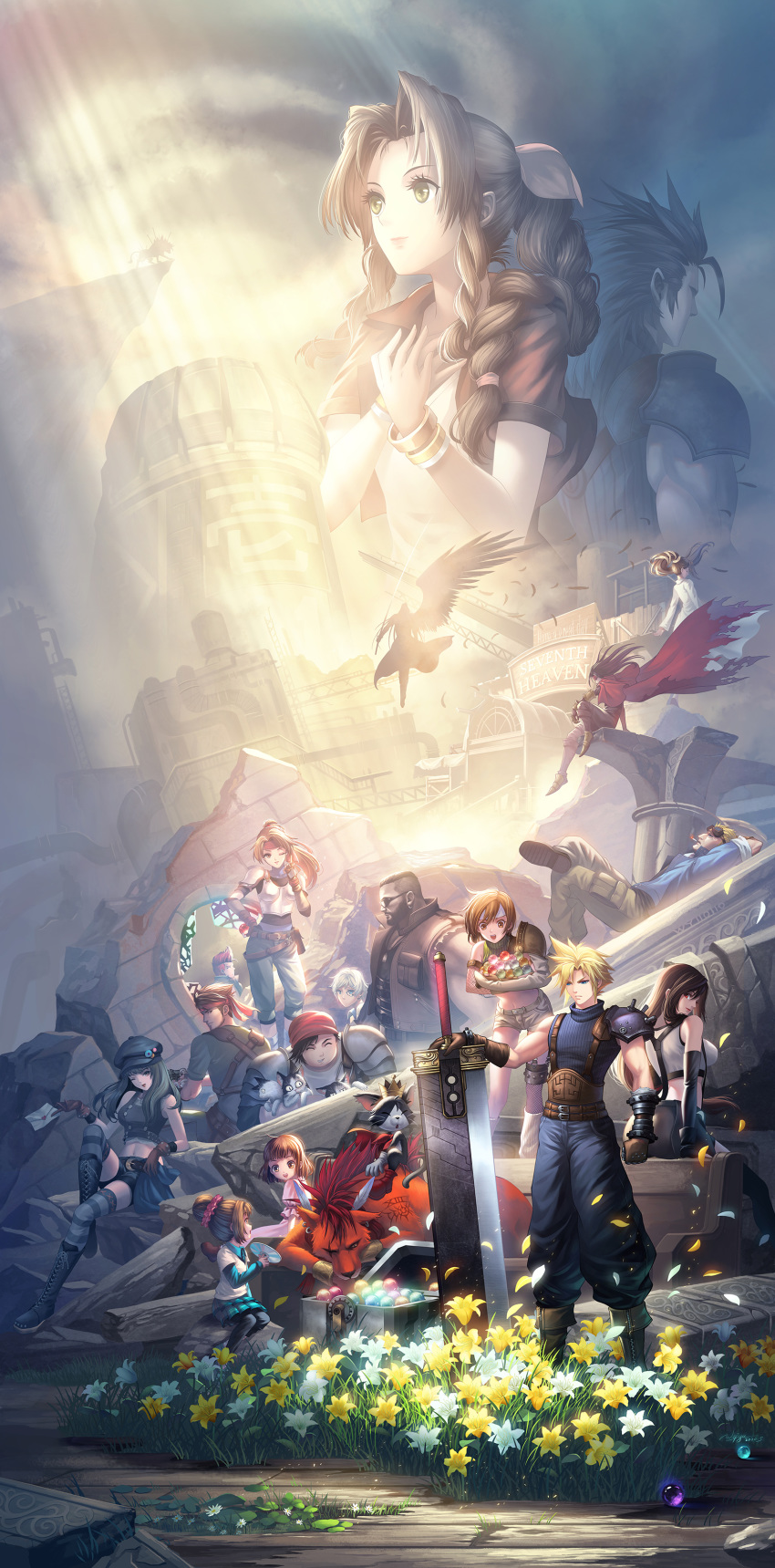6+boys 6+girls absurdres aerith_gainsborough barret_wallace bench betty_(ff7) biggs_(ff7) broken_glass buster_sword cait_sith chadley_(ff7) cloud cloud_strife cloudy_sky copyright_name diamond_dust everyone final_fantasy final_fantasy_vii final_fantasy_vii_remake flower glass highres jessie_rasberry johnny_(ff7) kyrie_canaan light_rays lily_(flower) lucrecia_crescent marlene_wallace multiple_boys multiple_girls outdoors overcast pew plant planted_sword planted_weapon red_xiii ruins scenery sephiroth single_wing sky smoke sunbeam sunlight sword tifa_lockhart tower vincent_valentine weapon wedge_(ff7) wings wooden_floor yuffie_kisaragi zack_fair