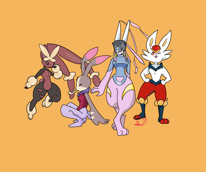 2020 absurd_res anthro antylamon armor biped black_body black_fur breasts brown_body brown_fur cinderace clothing courteney_rodriguez crescemon digimon digimon_(species) female fur group hands_on_hips hi_res horn jumping lagomorph leporid looking_at_viewer mammal mega_evolution mega_lopunny nintendo one_eye_closed open_mouth pink_body pink_eyes pink_fur pok&eacute;mon pok&eacute;mon_(species) pose rabbit red_eyes simple_background small_breasts smile standing tan_body tan_fur video_games white_body white_fur wink yellow_background