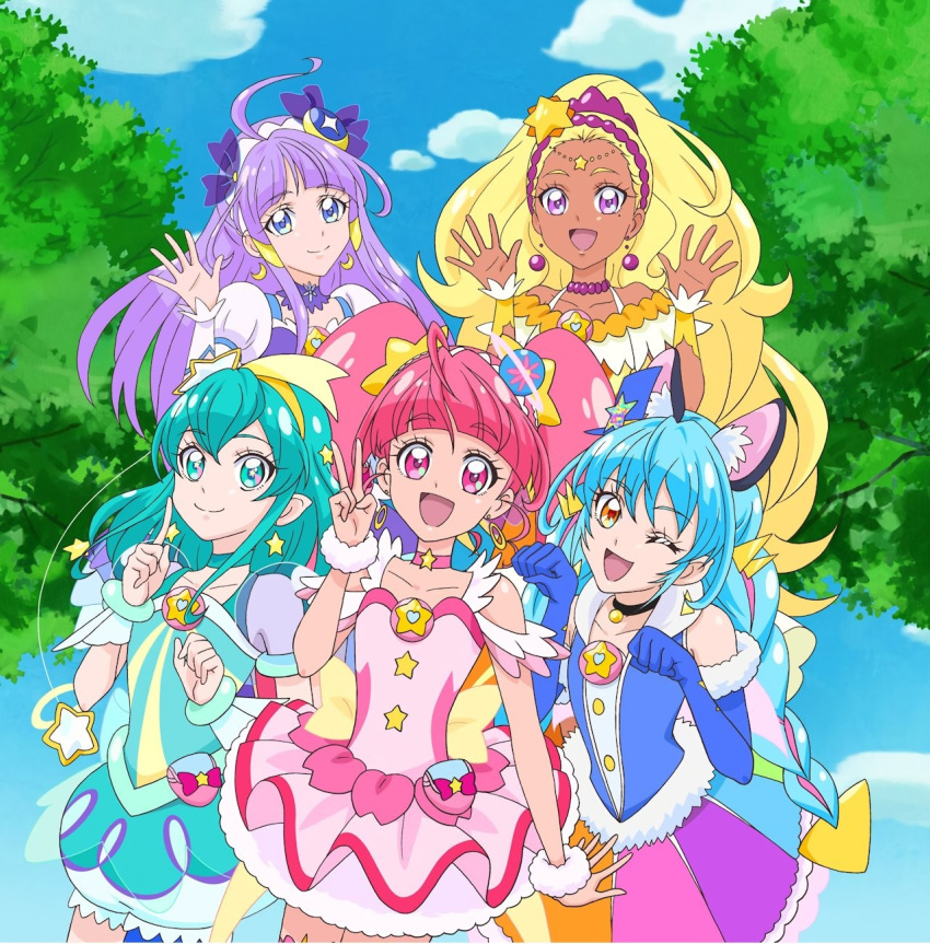 5girls :d ;d ahoge aqua_eyes aqua_hair bangs bead_choker black_choker blonde_hair blue_dress blue_eyes blue_gloves blunt_bangs bow bracelet choker circlet cure_cosmo cure_milky cure_selene cure_soleil cure_star dark_skin day dress earrings elbow_gloves gloves hair_ornament highres index_finger_raised jewelry long_hair looking_at_viewer multiple_girls official_art one_eye_closed open_mouth orange_eyes outdoors paw_pose pink_choker pink_dress pink_earrings pink_eyes pink_hair pointy_ears precure puffy_sleeves purple_bow purple_eyes purple_hair scrunchie smile star_(symbol) star_hair_ornament star_twinkle_precure tree twintails wrist_scrunchie