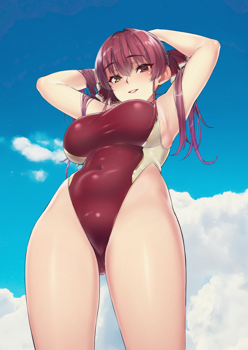 1girl absurdres arms_behind_head bangs blue_sky breasts cloud covered_navel day hair_ribbon highres hololive houshou_marine huge_filesize large_breasts long_hair looking_at_viewer open_mouth oshiruko_(oshiruco_212048) red_eyes red_hair red_ribbon red_swimsuit ribbon sky smile solo swimsuit twintails virtual_youtuber