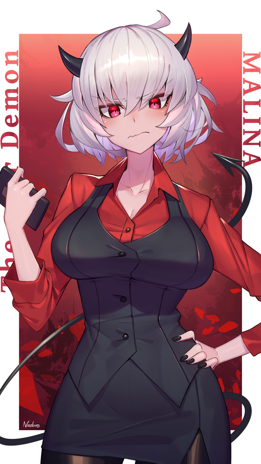 black_horns black_tail demon_horns helltaker highres horns malina_(helltaker) nadare-san_(nadare3nwm) pantyhose red_eyes shirt short_hair skirt vest