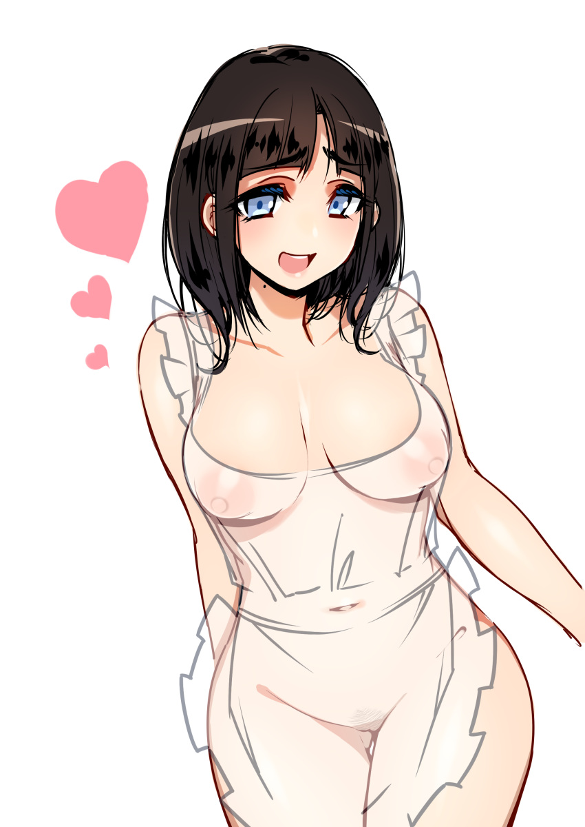 1girl :d absurdres apron bangs black_hair blue_eyes blunt_bangs breasts eyebrows_visible_through_hair frills groin heart highres long_hair looking_at_viewer mole naked_apron navel nijisanji nipples open_mouth pubic_hair see-through simple_background smile solo suzuka_utako tajima_yuuki teeth virtual_youtuber white_background