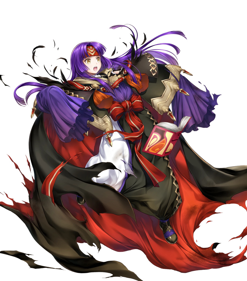 1girl alternate_costume book boots cape feathers fire_emblem fire_emblem:_radiant_dawn fire_emblem_heroes full_body headband highres long_hair official_art open_mouth purple_hair sanaki_kirsch_altina solo teeth torn_clothes transparent_background yamada_koutarou yellow_eyes