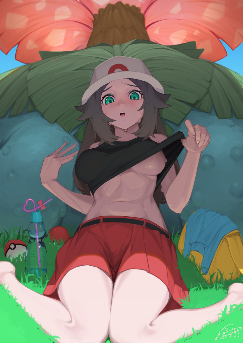 1girl absurdres aqua_eyes bag black_shirt blue_(pokemon) bottle breasts brown_hair drinking_straw gen_1_pokemon grass hat highres komadera large_breasts lifted_by_self navel no_bra open_mouth poke_ball pokemon red_skirt seiza shirt shirt_lift sitting skirt sleeveless sleeveless_shirt stomach sweat underboob venusaur