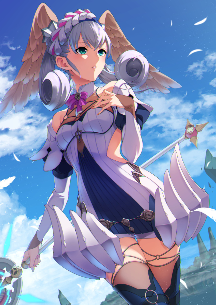 1girl blue_eyes braid breasts cowboy_shot crown_braid day dutch_angle from_below head_wings highres holding holding_staff juliet_sleeves long_sleeves melia o-ring outdoors puffy_sleeves silver_hair sky small_breasts solo staff sugarbeat thighhighs xenoblade_(series) xenoblade_1 xenoblade_1:_tsunagaru_mirai