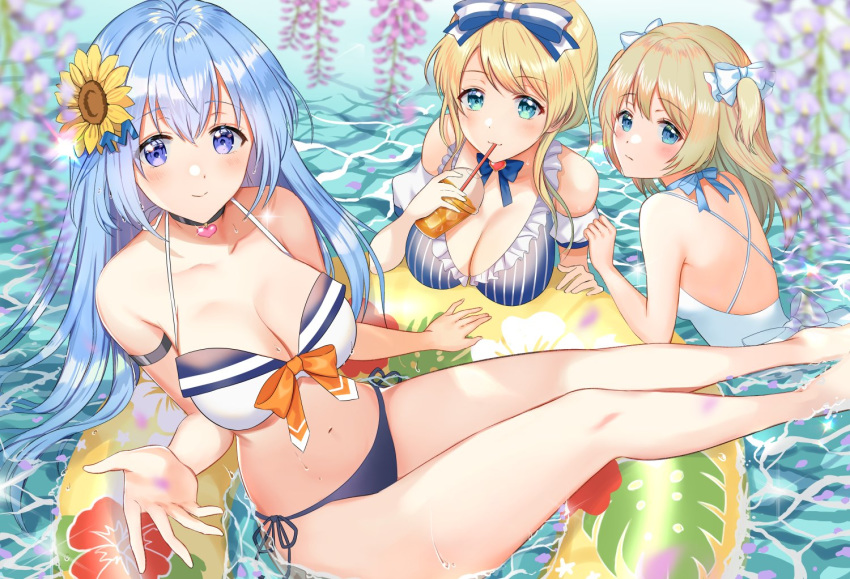 3girls arm_strap bare_shoulders barefoot bikini black_choker blonde_hair blue_bikini blue_eyes blue_hair blurry bow breasts caustics choker cleavage collarbone depth_of_field emori_el emori_miku emori_miku_project emu_alice flower frilled_bikini frills hair_bow hair_flower hair_ornament halter_top halterneck innertube large_breasts long_hair looking_at_viewer mismatched_bikini multiple_girls navel niwata0 orange_bow purple_eyes purple_flower ribbon_choker side-tie_bikini smile stomach striped striped_bikini sunflower swimsuit thighs two_side_up water wet white_bikini wisteria