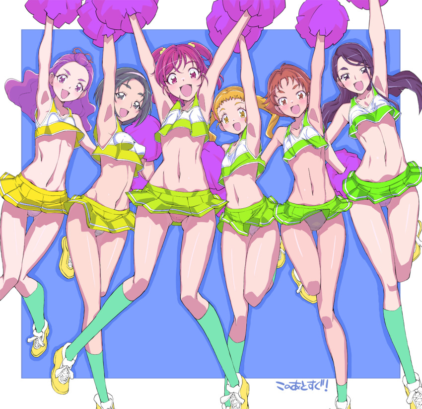 6+girls :d akimoto_komachi arm_up armpits black_hair blonde_hair brown_hair cheerleader highres kasugano_urara_(yes!_precure_5) long_hair looking_at_viewer mimino_kurumi minazuki_karen miyagoe_yoshitsuki multiple_girls natsuki_rin navel open_mouth pink_hair precure purple_hair short_hair smile yellow_eyes yes!_precure_5 yes!_precure_5_gogo! yumehara_nozomi