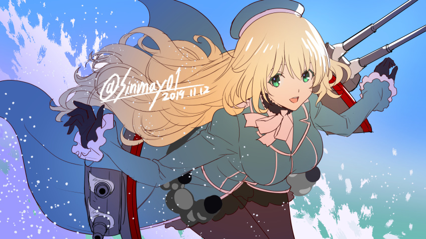1girl atago_(kantai_collection) bangs beret black_gloves black_legwear black_skirt blonde_hair blue_headwear blue_sky breasts cloud cloudy_sky commentary dated day dutch_angle gloves green_eyes hat highres kantai_collection large_breasts leaning_forward light_particles long_hair long_sleeves looking_at_viewer military military_uniform miniskirt neck_ribbon ocean open_mouth outdoors outstretched_arms pantyhose ribbon rigging shinmai_(kyata) skirt sky smile solo splashing spread_arms standing standing_on_one_leg twitter_username uniform white_neckwear