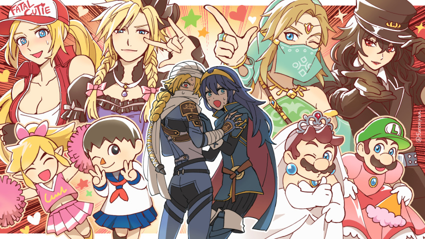 3girls 6+boys \m/ amamiya_ren blonde_hair breasts bridal_veil cheerleader cleavage cloud_strife cosplay crossdressing crossover doubutsu_no_mori dress facial_hair fatal_fury final_fantasy final_fantasy_vii final_fantasy_vii_remake fire_emblem fire_emblem_awakening furonyan genderswap genderswap_(mtf) gerudo_link hand_on_another's_chest hand_on_another's_shoulder hat highres index_finger_raised link lipstick looking_at_viewer lucina_(fire_emblem) luigi makeup mario mario_(series) multiple_boys multiple_crossover multiple_girls mustache one_eye_closed otoko_no_ko outstretched_hand persona persona_5 persona_5:_dancing_star_night pointing pointing_at_viewer pom_poms princess_peach princess_peach_(cosplay) school_uniform sheik skirt snk_heroines:_tag_team_frenzy spiked_hair super_mario_odyssey super_smash_bros. sweatdrop terry_bogard the_king_of_fighters the_legend_of_zelda the_legend_of_zelda:_breath_of_the_wild the_legend_of_zelda:_ocarina_of_time the_legend_of_zelda:_tri_force_heroes tiara toon_link trait_connection turban v veil villager_(doubutsu_no_mori) wedding_dress
