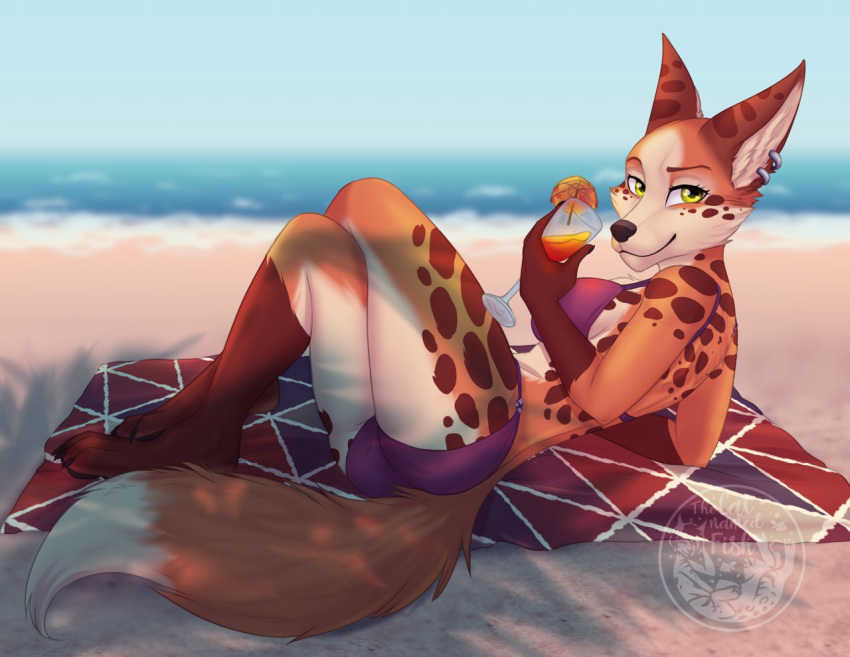 2020 anthro beach bikini breasts canid canine clothed clothing day detailed_background digital_media_(artwork) eyebrows eyelashes female fingers fox mammal outside sand seaside shoreline sky smile solo swimwear thecatnamedfish toes water yellow_eyes