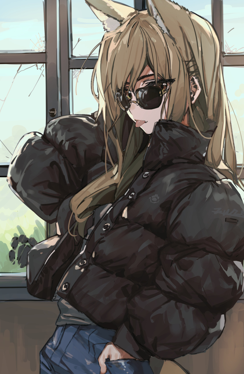 1girl absurdres animal_ears blonde_hair dog_ears ear_piercing hand_in_pocket highres original piercing puffer_jacket solo sunglasses tongue tongue_out