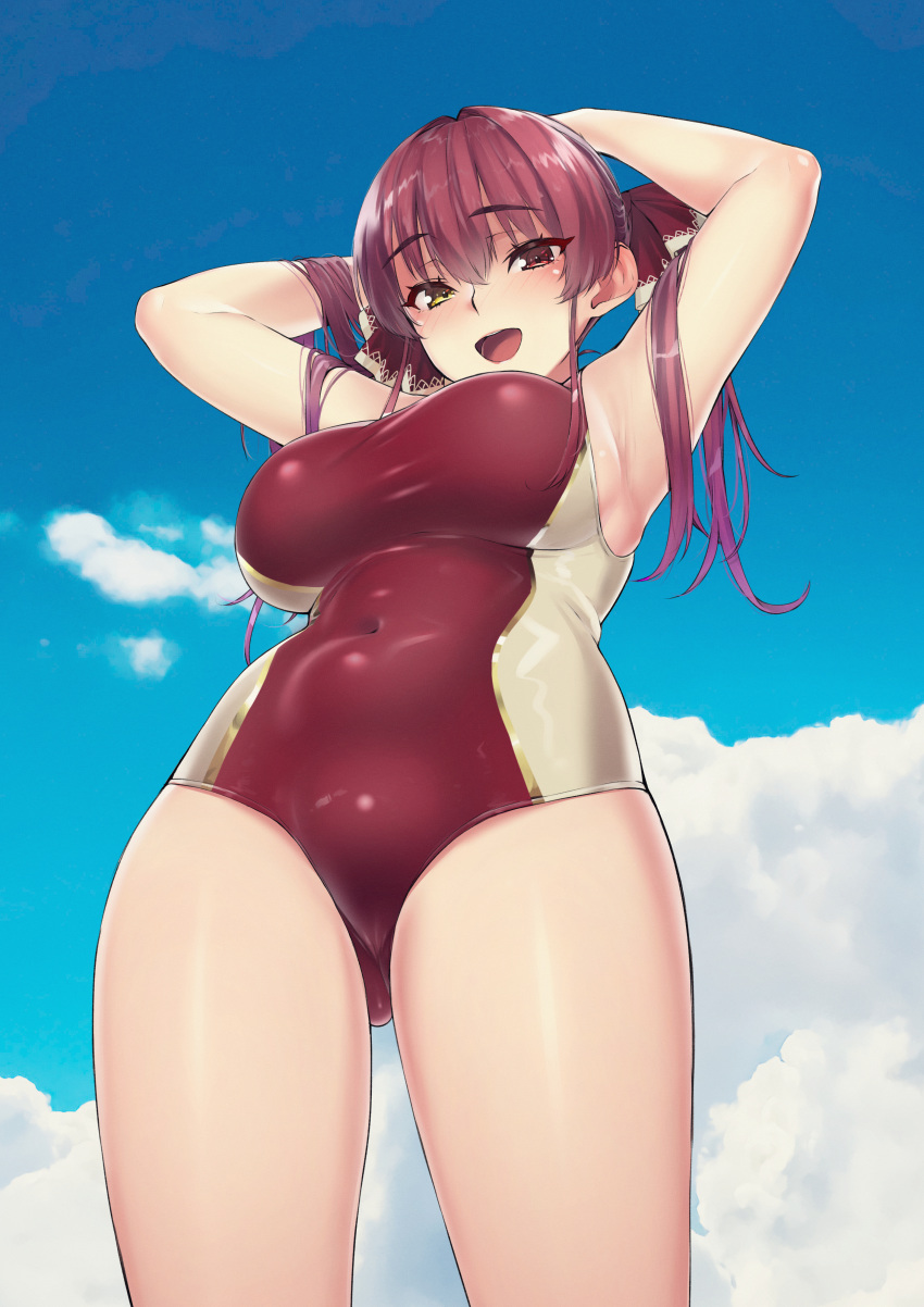 1girl absurdres arms_behind_back bangs blue_sky breasts cloud covered_navel day eyebrows_visible_through_hair hair_ribbon highres hololive houshou_marine huge_filesize large_breasts long_hair looking_at_viewer one-piece_swimsuit open_mouth oshiruko_(oshiruco_212048) red_eyes red_hair red_ribbon ribbon sky smile solo swimsuit thighs twintails virtual_youtuber