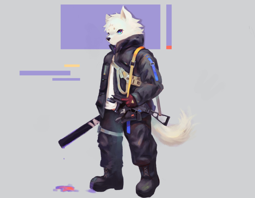 anthro black_boots black_bottomwear black_clothing black_jacket black_pants blue_eyes bottomwear canid canine clothing cloudcat full-length_portrait fur gloves gun handwear hi_res looking_at_viewer male mammal pants portrait ranged_weapon red_gloves shirt signature simple_background solo standing straps topwear weapon white_body white_clothing white_fur white_shirt white_topwear zipper