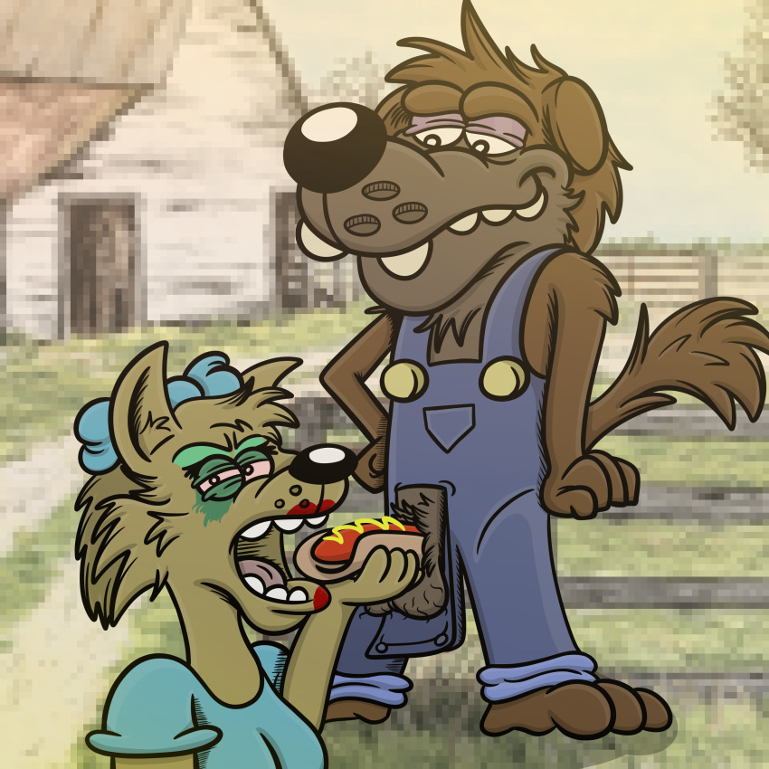 1:1 3_toes absurd_res animal_genitalia anthro barn brown_body brown_fur canid canine canis clothing domestic_dog duo farm female food fur genitals hi_res looking_at_viewer makeup male male/female mammal outside overalls penis pixelated pubes shitpost toes toony what zooptoon