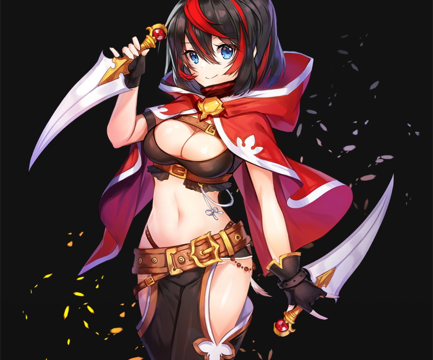 applecaramel_(acaramel) aqua_eyes black black_hair breasts cape cleavage cropped gloves hoodie navel original short_hair sword weapon