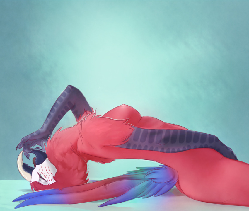 2018 anthro avian beak bird blue_body blue_feathers breasts butt eyes_closed feathers female lying macaw multicolored_body multicolored_feathers neotropical_parrot nipples non-mammal_breasts nude omu parrot red_body red_feathers scuted_arms side_view simple_background solo suggestive tail_feathers theblackvixen tongue true_parrot