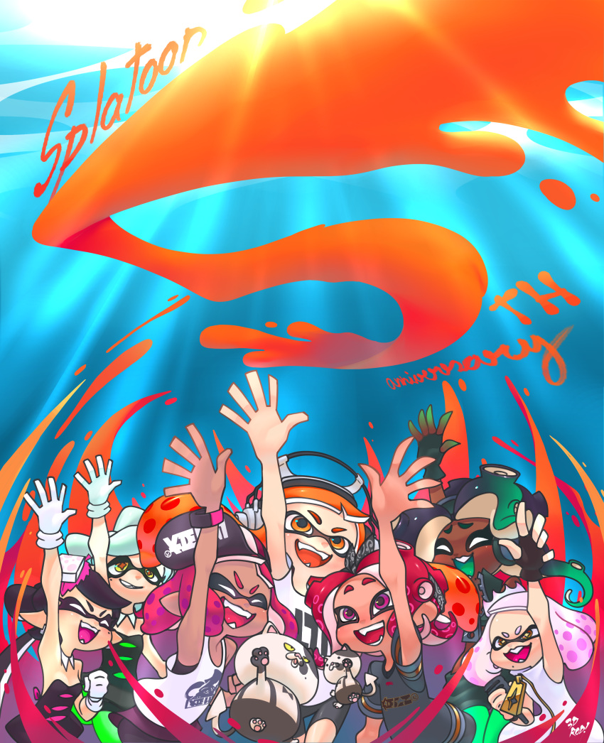 3d_rod! 6+girls absurdres anniversary aori_(splatoon) arm_up black_gloves dark_skin fangs gloves hat headphones highres hime_(splatoon) hotaru_(splatoon) iida_(splatoon) ink inkling jajji-kun_(splatoon) kojajji-kun_(splatoon) multicolored_hair multiple_girls octoling open_mouth orange_hair pink_hair smile splatoon_(series) splatoon_1 splatoon_2 tentacle_hair two-tone_hair white_gloves