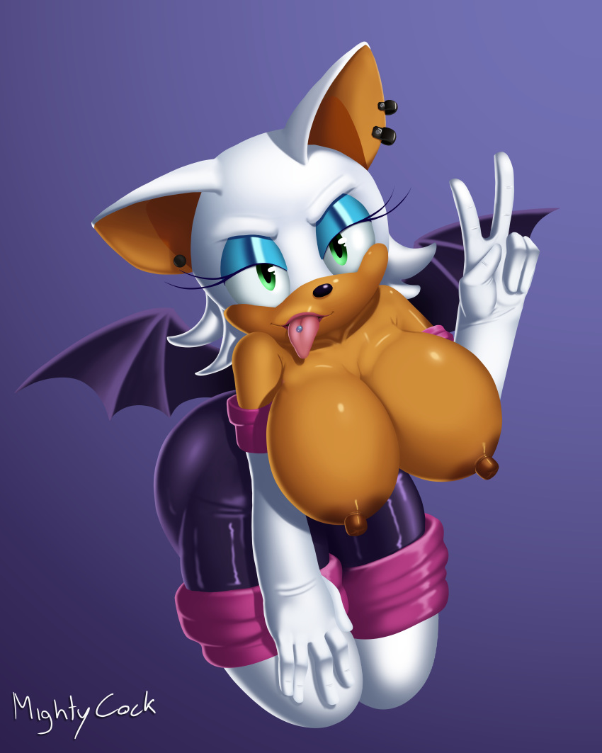 4:5 absurd_res anthro big_breasts breasts chiropteran ear_piercing eyeshadow female gesture green_eyes hi_res huge_breasts makeup mammal mightycock_(artist) nipples piercing purple_background rouge_the_bat simple_background solo sonic_the_hedgehog_(series) tongue tongue_piercing v_sign wings