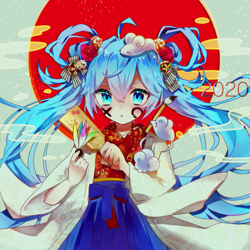 2020 absurdres aqua_eyes aqua_hair araisuzuka729 ball blue_hakama calligraphy_brush cherry_blossom_print commentary cowboy_shot egasumi facepaint feathers floral_print hagoita hair_rings hakama hanetsuki haori hatsune_miku highres holding holding_ball holding_paddle japanese_clothes kimono long_hair looking_at_viewer paddle paintbrush parted_lips rat red_kimono sun twintails very_long_hair vocaloid