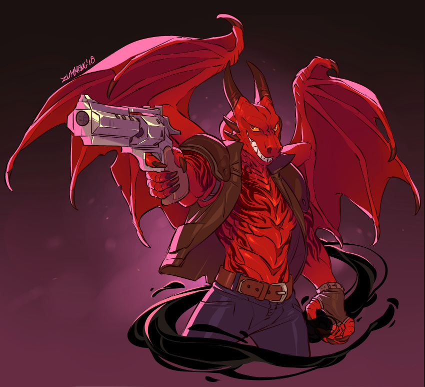 5_fingers abs absurd_res anthro belt bottomwear claws clothed clothing cygnis_flayinthere digital_media_(artwork) doom_(series) dragon fangs fingers gloves gun guncaster handgun handwear hi_res holding_gun holding_object holding_weapon horn id_software jacket legwear magic magic_user male membrane_(anatomy) membranous_wings muscular muscular_male pants pecs pistol ranged_weapon red_body red_scales reptile revolver scales scalie sharp_teeth smile smoke solo spell standing tattoo teeth topwear video_games weapon western_dragon wings yellow_eyes zummeng