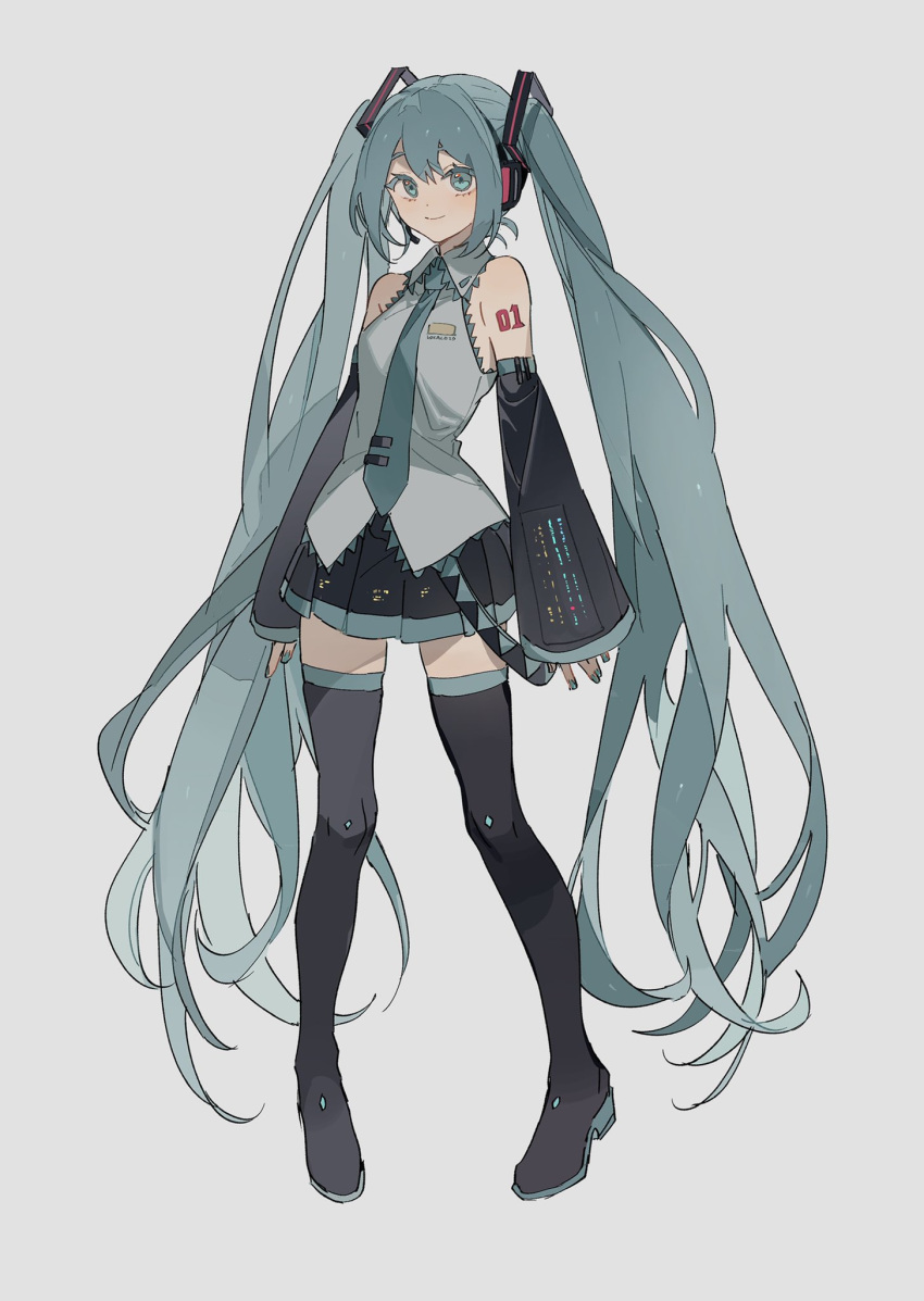 1girl arms_at_sides bare_shoulders black_footwear black_legwear black_skirt blue_eyes blue_hair blue_nails blue_neckwear boots breasts closed_mouth collared_shirt colored_eyelashes derivative_work detached_sleeves dot_nose eyelashes fingernails full_body grey_background grey_shirt hair_between_eyes happy hatsune_miku headset highres legs_apart long_hair looking_at_viewer necktie number_tattoo pleated_skirt shiny shiny_hair shirt shoulder_tattoo sidelocks simple_background skirt sleeveless sleeveless_shirt small_breasts smile solo standing tattoo thigh_boots thighhighs twintails vocaloid vocaloid_boxart_pose zettai_ryouiki zhibuji_loom