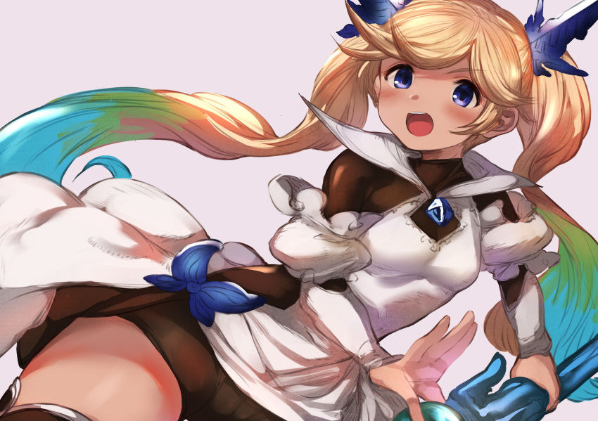 1girl bike_shorts blonde_hair blue_eyes breasts cameltoe detached_sleeves gradient_hair granblue_fantasy hair_ornament highres io_euclase long_hair maou_(maoudaisukiya) multicolored_hair open_mouth puffy_sleeves rainbow_hair shirt small_breasts solo staff thighhighs tight tight_shirt very_long_hair