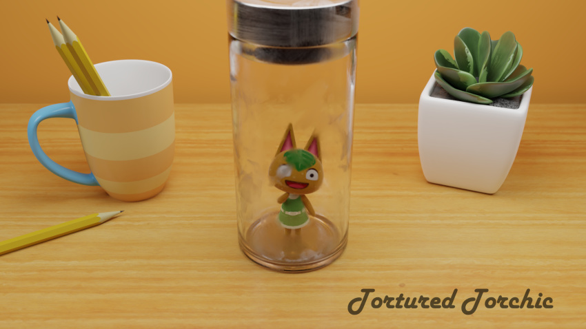 16:9 2020 3d_(artwork) animal_crossing anthro clothed clothing cup digital_media_(artwork) domestic_cat elemental_creature felid feline felis female flora_fauna food food_creature fruit fur hi_res jar leaf living_fruit looking_at_viewer mammal meme nintendo orange_(fruit) pencil_(object) plant solo tangy_(animal_crossing) torturedtorchic video_games watermark widescreen