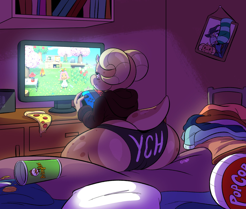 2020 animal_crossing anthro bed bedroom big_butt book bookshelf butt chips_(food) clothed clothing controller digital_media_(artwork) female food furniture game_controller gaming hi_res holding_controller holding_object hoodie inside joaoppereiraus joycon_controller kobold nintendo nintendo_controller nintendo_switch on_bed picture_frame piko pillow pizza playing_videogame short_stack sitting solo television topwear underwear video_games villager_(animal_crossing)