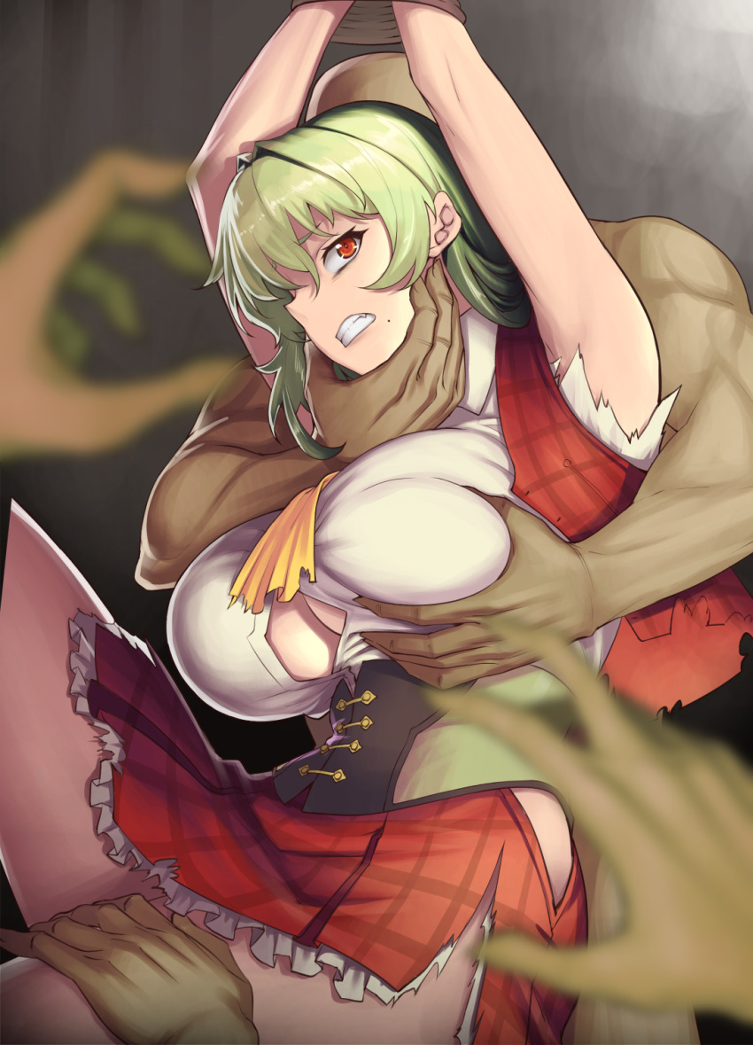 1girl arms_up ascot bound bound_wrists breast_grab breasts clenched_teeth corset faceless faceless_male grabbing grabbing_from_behind green_hair highres hip_vent imminent_rape jonylaser kazami_yuuka large_breasts mole mole_under_mouth plaid plaid_skirt plaid_vest red_eyes skirt solo_focus teeth torn_clothes touhou vest