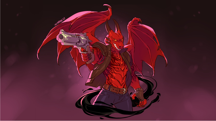 16:9 5_fingers abs anthro belt bottomwear claws clothed clothing cygnis_flayinthere digital_media_(artwork) doom_(series) dragon fangs fingers gloves gun guncaster handgun handwear hi_res holding_gun holding_object holding_weapon horn id_software jacket legwear magic magic_user male membrane_(anatomy) membranous_wings muscular muscular_male pants pecs pistol ranged_weapon red_body red_scales reptile revolver scales scalie sharp_teeth smile smoke solo spell standing tattoo teeth topwear video_games weapon western_dragon widescreen wings yellow_eyes zummeng