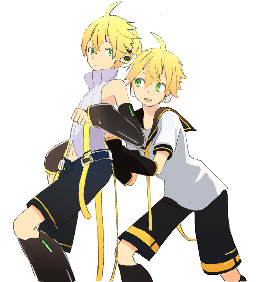 2boys arm_warmers bare_shoulders behind_another belt black_collar black_shorts black_sleeves blonde_hair collar d_futagosaikyou detached_sleeves dual_persona feet_out_of_frame from_side hands_on_another's_back headphones high_collar highres kagamine_len kagamine_len_(append) leaning_forward leg_warmers looking_at_another male_focus multiple_boys navel neckerchief necktie open_mouth sailor_collar school_uniform shirt short_ponytail short_sleeves shorts sleeveless sleeveless_shirt smile spiked_hair standing vocaloid vocaloid_append white_shirt