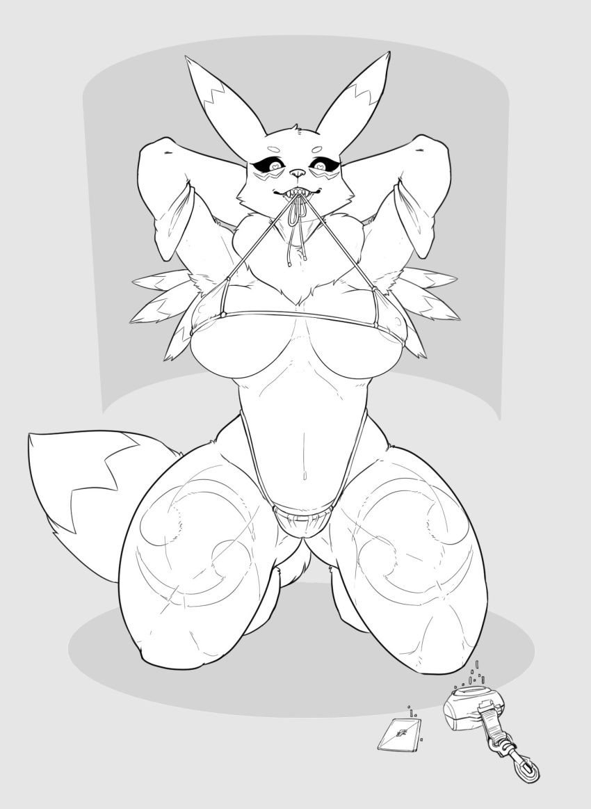 &lt;3 &lt;3_eyes 2020 anthro areola areola_slip armpit_hair armwear big_breasts bikini black_and_white black_sclera body_hair breasts bridal_gauntlets canid canine clothed clothing clothing_lift digimon digimon_(species) eyelashes fangs female front_view hands_behind_head hi_res kneeling mammal markings micro_bikini monochrome navel neck_tuft nipple_outline partially_clothed renamon skimpy smile solo strikeanywhere swimwear teasing teeth thick_thighs tuft under_boob