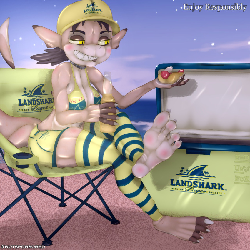 1:1 5_toes alcohol anthro beach beer beverage blush bottle bottomwear bra brown_hair chair clothing collar cooler english_text fedupfox feet female fish food furniture hair hat headgear headwear hi_res hot_dog leggings legwear marine night sea seaside sencha shark sharp_teeth shorts smile soles solo teeth text toes underwear water