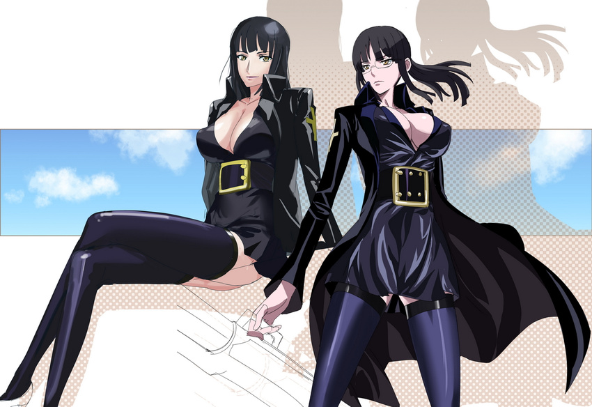 belt black_hair breasts brown_eyes cleavage crossed_legs glasses large_breasts legs long_hair long_legs makacoon nico_robin one_piece one_piece:_strong_world sitting thighhighs thighs zettai_ryouiki